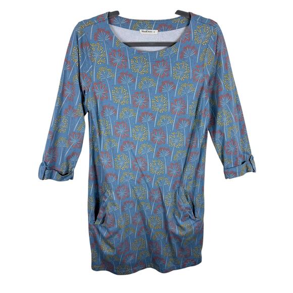 WoolOvers Cotton Modal Blue Floral 3/4 Roll Tab Sleeve Mini T-Shirt Dress Size S - Picture 1 of 7
